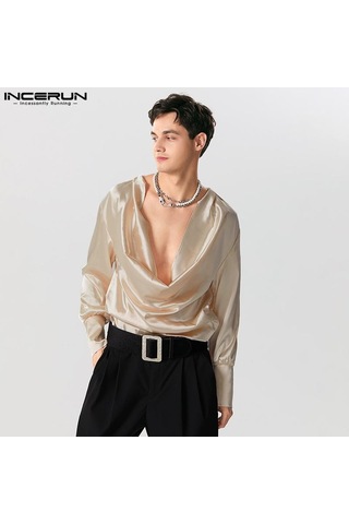 Incerun Salıncak Yaka Erkek Hollow Out Uzun Kollu Saten Üstler Bej