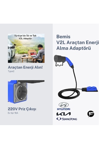 Bemis - V2l Vehicle To Load Elektrikli Araç Uyumlu 2 Li Priz Uzatma Adaptörü 3 Metre Hyundai / Kia / Ssangyong 3.5 KW