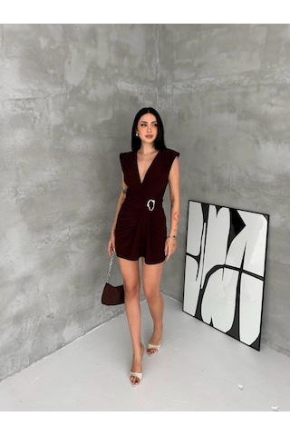 Moda Kadın Kruvaze Drapeli Tokalı Mini Elbise Şık Gece Davet Abiye - Kahverengi Çok Renkli