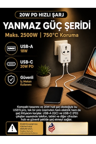 2500w Akım Korumalı Priz 1 Soket 1 Usb 1 Type-c Evrensel Çoklu Priz Şarj Adaptörü Güç Koruyucu Tv 0