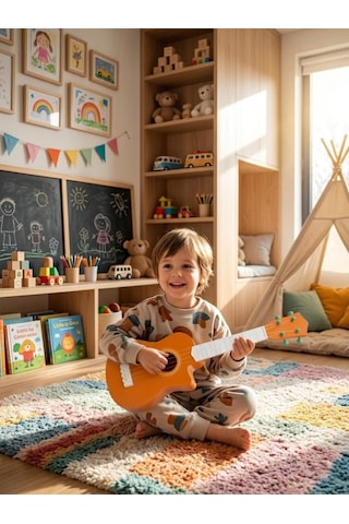 Sevimli İlk Gitarım 57cm Plastik Telli Ayarlanabilir Akorlu Eğitici Oyuncak Çocuk Müzik Aleti