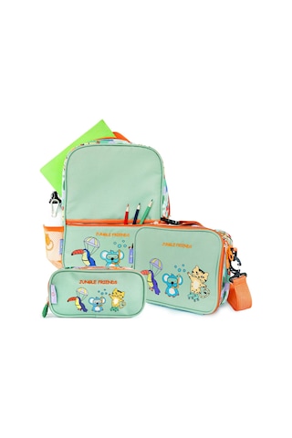 Milk & Moo Çocuk Sırt Çantası, Kalem Kutusu, Beslenme Çantası 3'lü Set Jungle Friends