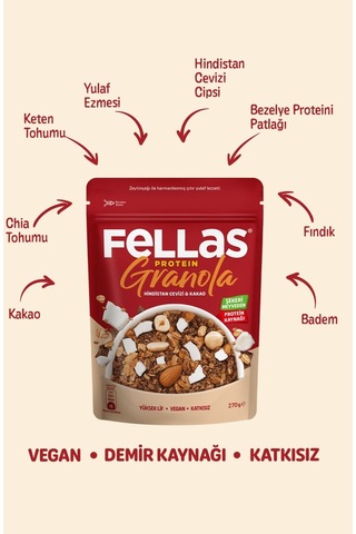 Fellas Vegan Protein Granola Hindistan Cevizi & Kakao 270 Gr X 6 Adet