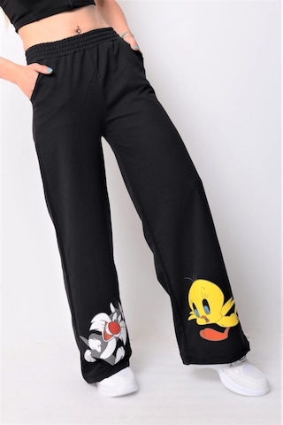 Kadın Siyah Baskılı Bol Paça Eşofman Altı Siyah