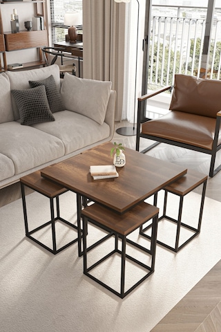 Lizbon 4+1 Kare Sehpa Takımı Siyah Metal - Barok Tabla