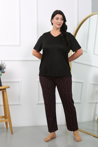 Akbeniz Kadın Büyük Beden Kısa Kol Penye Pijama Takımı Siyah 202406-siyah Siyah