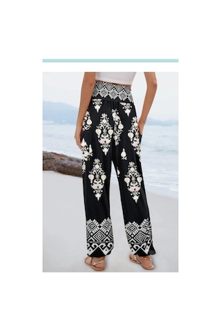 Reka Moda Kadın Yüksek Bel Desenli Lastikli Süprem Pantolon Siyah