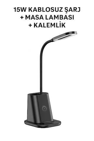 Güvenli Şarj Ve Modern Tasarım 3 Ü 1 Arada Kablosuz Şarjlı Masa Lambası Kalemlik Siyah