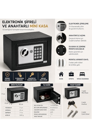 Elektronik Şifreli Anahtarlı Mini Kasa T17 Çelik Kasa 23x17x17 Cm 2 Anahtar + 2 Çelik Dübel
