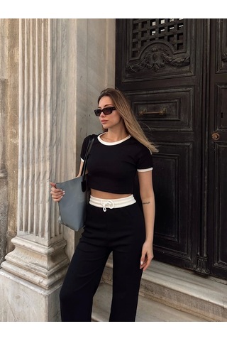 Crop Pantolon Biyeli Takım Siyah Siyah