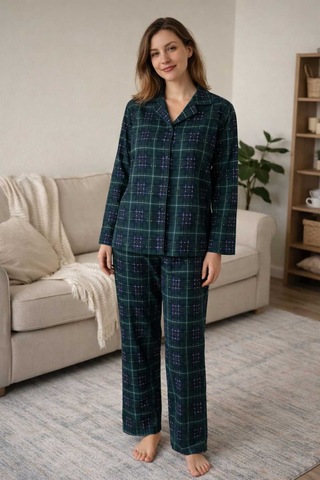 Tenra Kadın Pijama Takımı Boydan Düğmeli Haki
