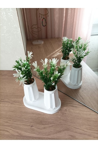 Mini Düz Desenli Beton Saksı İkili Ve Oval Tabak-yapay Çiçek Hediyeli - Beyaz