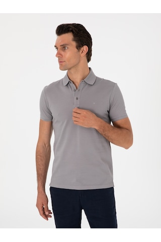 Koyu Gri Slim Fit Polo Yaka Pamuklu Basic T-shirt