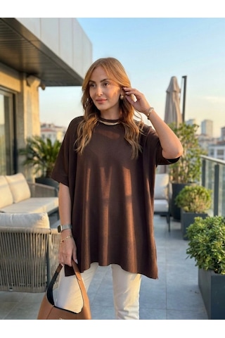 Zennamoda Kadın Bisiklet Yaka Kısa Yarasa Kollu Yanları Yırtmaçlı Oversize Dökümlü Merserize Bluz Kahve