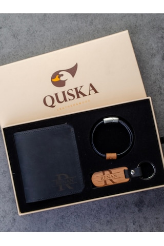 Quska Kişiye Özel İsimli El Yapımı Hakiki Deri Siyah Cüzdan+anahtarlık+bileklik Hediyelik Set - Grain Fold Siyah