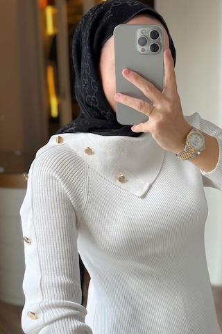 Kahijab Asimetrik Yaka Truvakar Kol Triko Bluz - Beyaz