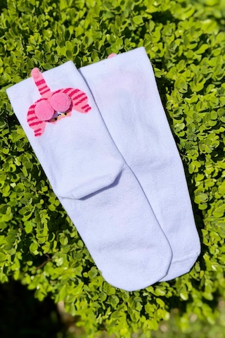 Lousocks Unisex Beyaz Kedi Desenli Ponpon Soket Çorap