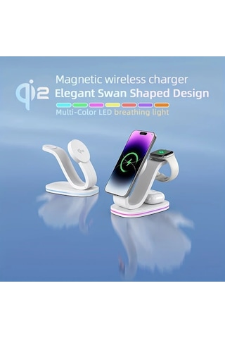 Topshop1 Siyah Qi2 Manyetik Kablosuz Şarj Cihazı 3ü 1 Arada Kuğu Tasarım 18w Şarj İphone Uyumlu 16 15 14 13 12 Watch Airpods Pro 4 3 2 İçin