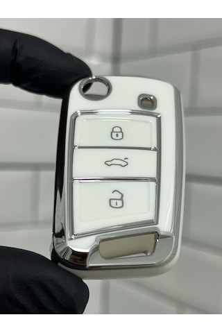 Volkswagen Troc Taigo Polo Golf Tiguan Uyumlu Anahtar Kılıfı Beyaz - Gümüş