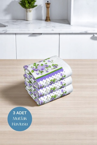 3lü Paket Baskılı Beyaz Mutfak Havlusu Modeli Lila Güller