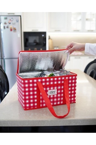 Termo Lüks Piknik Çantası Kırmızı Ekoseli 35x20x20 Kırmızı