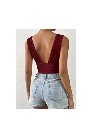 Meren Like Your Syle Bordo Derin Yaka Kısa Üst Crop Bordo