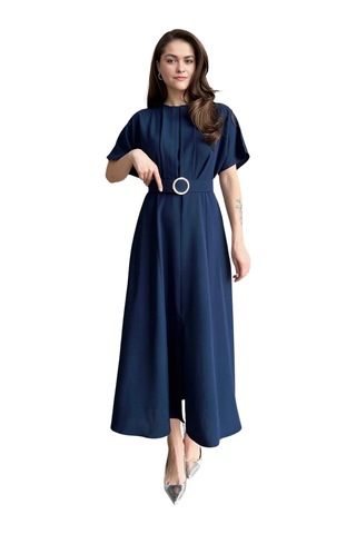 Bisiklet Yaka Pileli Yarasal Kol Kemerli Önden Yırtmaçlı Midi Boy Elbise Lacivert