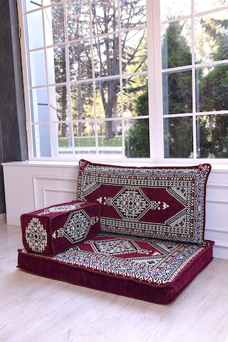 Bakırözü Home Şark Köşesi Takımı , 95 Cm Yer Minderi Takımı Bordo Yahyalı Modeli 3 Parça