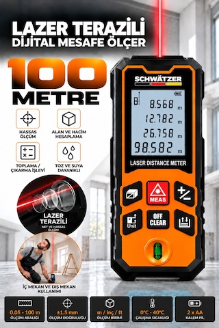 100 Metre Profesyonel Lazer Metre Su Terazili Dijital Ekranlı Hassas Mesafe Ölçer