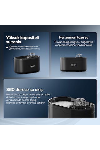 Xenon Smart Akıllı Otomatik Kedi Su Şelalesi Led Işıklı Ultra Sessiz Siyah Su Pınarı X8650 Siyah