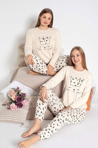 Kadın Bisiklet Yaka Düğmesiz Kışlık Termal Bilek Manşetli Jogger Uzun Kol Cepli Pijama Takımı Bej