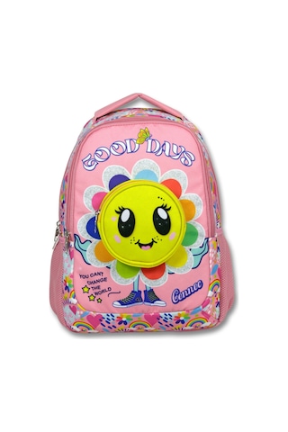 Cennec Pembe - Sarı Kız Çocuk Çiçek Açan Emoji Baskılı İlkokul Okul Sırt Çantası - 6012 Çok Renkli
