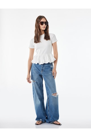Koton Slim Fit Kısa Kollu Bisiklet Yaka Balon Peplum Tişört Ekru 6sal10578ık