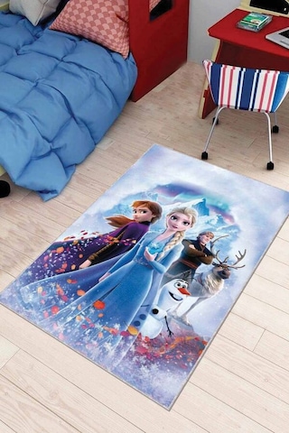 Mavi Kaymaz Tabanlı Elsa Desenli Kız Çocuk Halısı Ar109n11