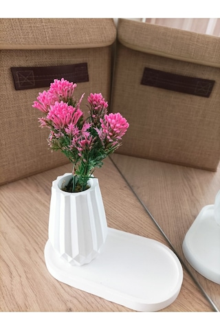 Mini Desenli Oval Beton Saksı Tekli Ve Oval Tabak - Yapay Çiçek Hediyeli - Pembe Tomurcuk