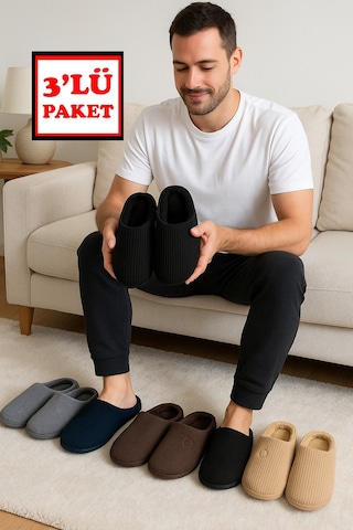 3'lü Paket Velvet Erkek Terlik Ev Terliği Kışlık Yumuşak Tabanlı Paket Ürün