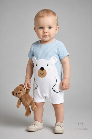 Babyden's Erkek Bebek Ayıcık Baskılı Kısa Kollu %100 Pamuk Yazlık Bebek Tulumu Yenidoğan Günlük Tulum 0-9 Ay Bebe Mavi