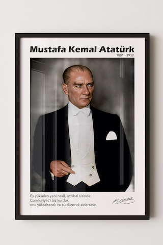Siyah Çerçeveli Mustafa Kemal Atatürk Duvar Tablosu Sanatsal Modern Duvar Dekoru Poster -