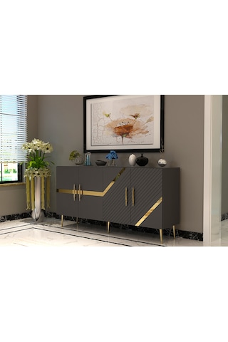 Pınar Konsol Tv Sehpası Çok Amaçlı Dolap 150 Cm Antrasit Altın