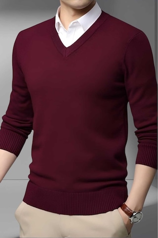 Tezzgelsin Erkek V Yaka Uzun Kol Triko Tüylenmez Süveter Erkek Slim Fit Süveter Bordo