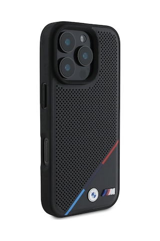 İphone Uyumlu 16 Pro Max Kılıf Bmw Lisanslı Magsafe Şarj Özellikli M Logolu Üç Çizgili Delikli Deri Siyah Siyah