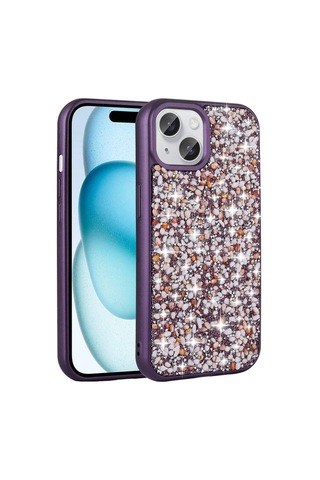 Apple Uyumlu iPhone 15 Plus Kılıf Parlak Taşlı Tasarım Zore Linea Kapak Derin Mor