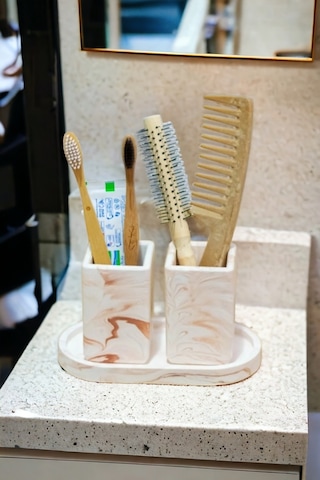 Banyo Seti Turuncu Tepsili Diş Fırçalık, Diş Macunluk, Makyaj Organizeri,banyo Takım Gri