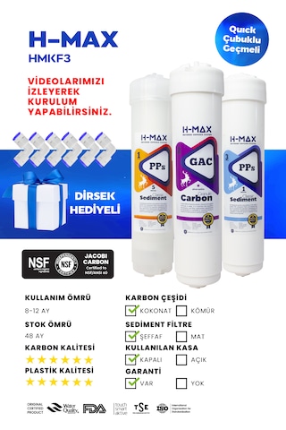 H-max Inline Kapalı Kasa Su Arıtma Cihazı Ilk 3 Filtre Seti 020