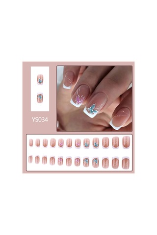Kısa Parlak Fransız Düzensiz Takma Tırnak Çizgileri Mavi Ve Mor Kelebek Takma Tırnak 24 Parça Set Dahil Aletler Ys034