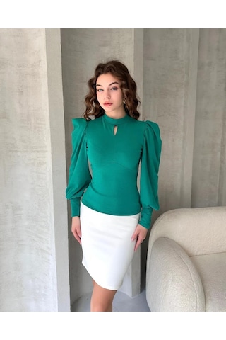 Markahit Defile Öpücük Yaka Prenses Kol Crep Bluz Yeşil