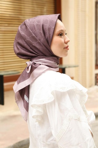 Premium Lux Original Monogram Şal İpek Vual, Yüksek Kalite, Hafif, Rahat, Şık, Tesettür, Shawl Mor - Çift Şeritli