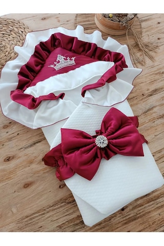 Yenidoğan Mehtap Lüks Kelebek Taç Nakışlı Bebek Battaniyesi Kundak Bordo Çok Renkli