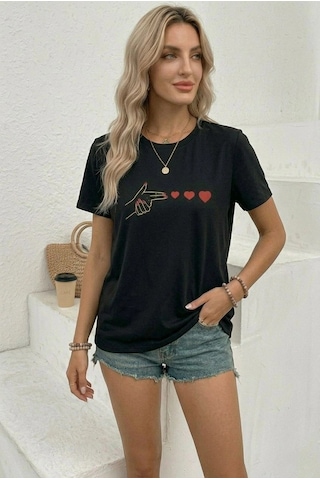 Primemagazam Kadın Minimal Kalp İşaret Baskılı Tişört Kısa Kol Yazlık T-shirt - Siyah Çeşitli