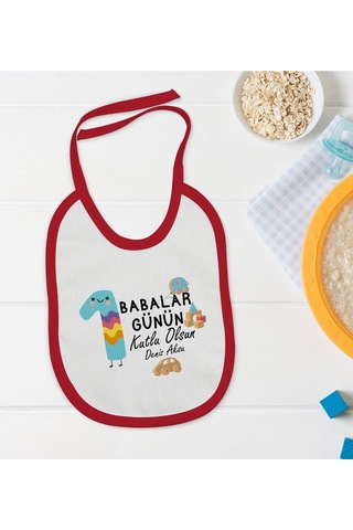 Bk Kids Kişiye Özel İlk Babalar Günü Tasarımlı Kırmızı Bebek Mama Önlüğü-4 Kırmızı